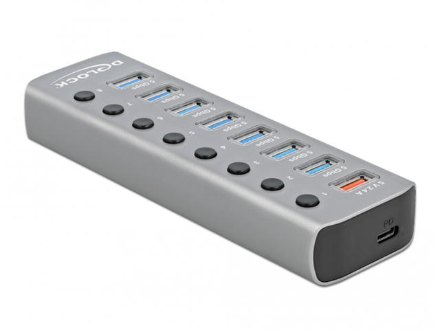USB Хъб Delock USB 3.2 Gen 1 хъб със 7 порта + 1 порт за бързо зареждане + 1 порт USB-C™ PD 3.0 с превключвател и осветление