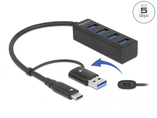 USB Хъб Delock 4 порта USB 3.2 Gen 1 хъб с USB Type-C™ или USB Type-A конектор