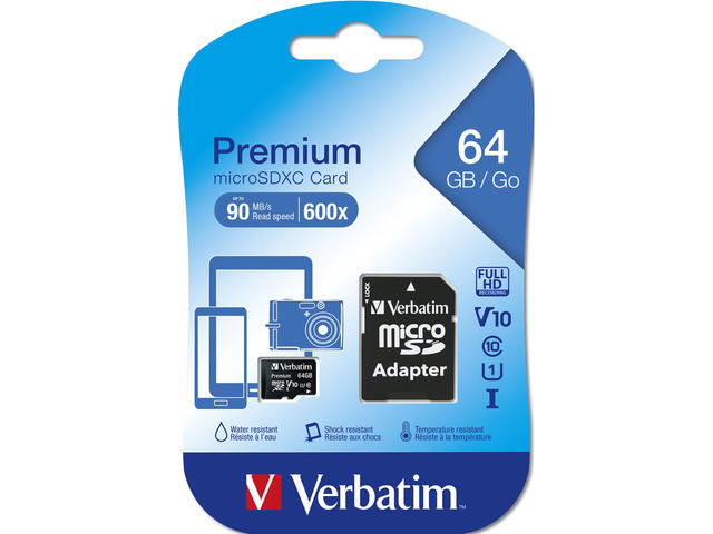 Карти памет Verbatim Premium 64GB U1 MicroSDXC Card